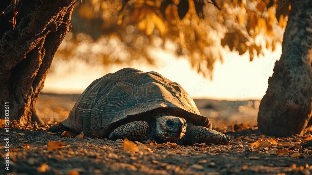Poster a galapagos tortoise resting under the shade of a tree on the island, with plenty of negative space 