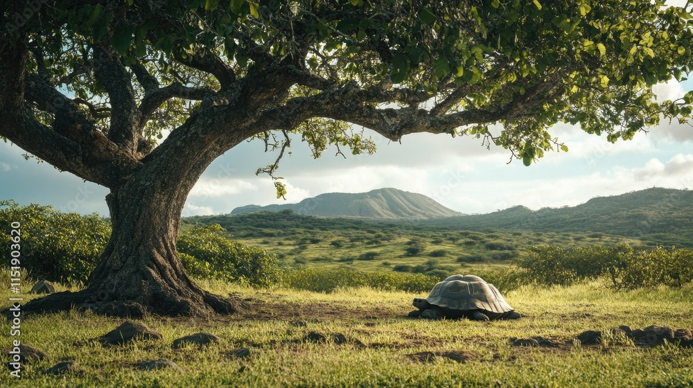 Poster a galapagos tortoise resting under the shade of a tree on the island, with plenty of negative space 