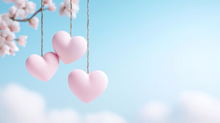 Three pink hearts hanging from branch against serene blue sky, surrounded by soft clouds, evoke feelings of love and tranquility. Perfect for romantic themes