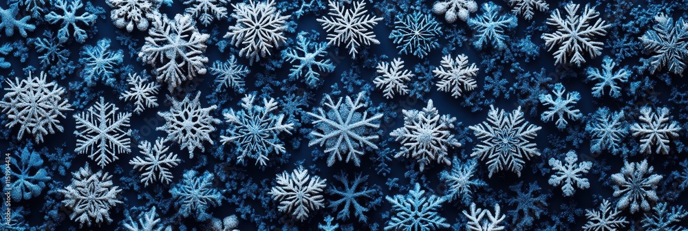 Poster intricate designs of snowflakes creating a delicate lace pattern on a winter backdrop