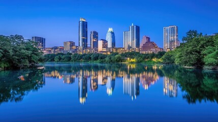 Fototapeta premium Austin Skyline Reflected in Calm Evening Water