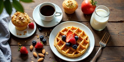 A delightful breakfast scene featuring a golden waffle topped with fresh berries, alongside muffins, coffee, milk, and almonds.