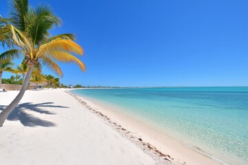 Obraz premium A green tropical beach scene with lush palm trees swaying in the breeze, white sands, and turquoise waters stretching into the horizon