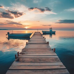 Fototapeta premium An idyllic sunset reflecting on calm waters, with two boats moored on a picturesque wooden dock.