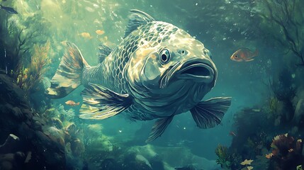 Obraz premium A Large Fish with Open Mouth Swimming in a Greenish Water