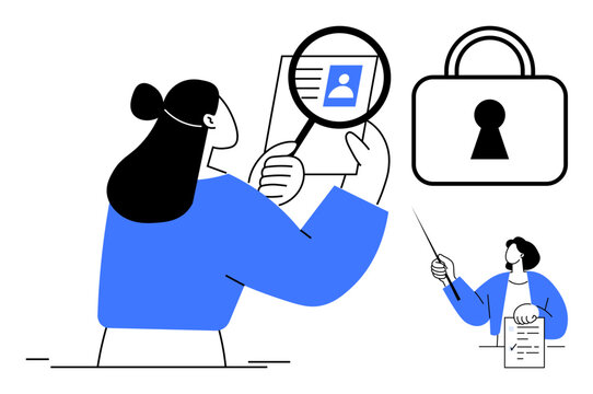 woman examining document with magnifying glass clip art preview