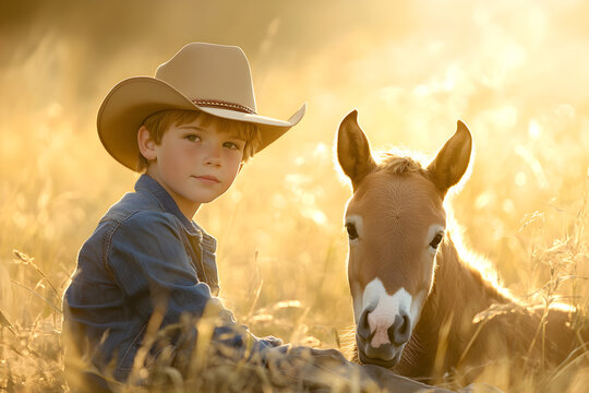 Boy and Foal's Warm Farm Bond Captured in Rustic Harmony