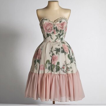 A stunning strapless dress featuring a pink rose pattern, perfect for elegant occasions and events.