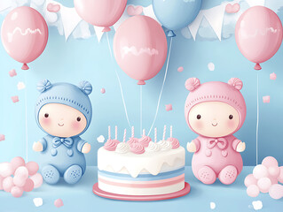 Fototapeta premium Baby doll with cake and balloons on baby shower celebration illustration