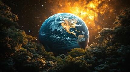 Earth rising above lush forest with fiery nebula.