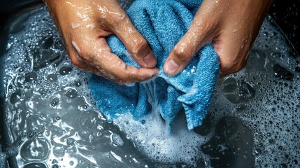 Fototapeta premium Hands wringing out a wet dishcloth over a sink, with soap suds visible on the surface of the water