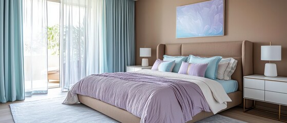 Interiors in Mocha Mousse Tones Concept. Contemporary bedroom with Mocha Mousse accent wall, lavender bedding, offwhite furnishings, and subtle pale blue curtains for a calming luxury vibe