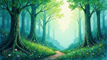 Obraz premium Serene Woodland Path A Whimsical Journey Through a Dreamlike Forest of Lush Greenery and Vibrant Wildflowers, Bathed in Soft, Misty Sunlight
