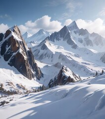 Mountain range covered in a thick layer of fresh snow, white snow, mountainous terrain