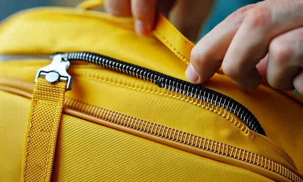 Close-up of Hands Zipping a Bright Yellow Backpack