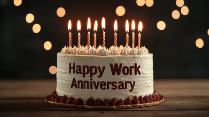 A beautifully decorated cake with lit candles celebrating a work anniversary, featuring the words "Happy Work Anniversary" prominently displayed.