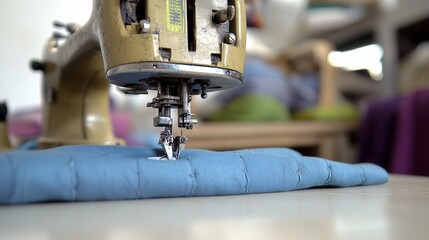 Fototapeta premium A close-up of a sewing machine stitching blue fabric, showcasing the precision and craftsmanship involved in sewing.