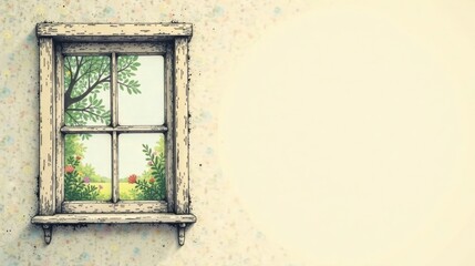 Fototapeta premium Rustic Window Frame Showing a Serene Spring Landscape with Lush Greenery and Vibrant Blossoms on a Soft Cream-Colored Wall