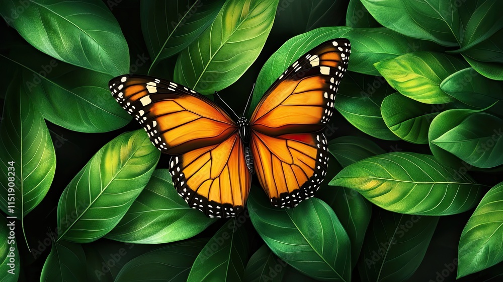 Poster butterfly blending perfectly into the surrounding leaves, leaving open areas in the background for t