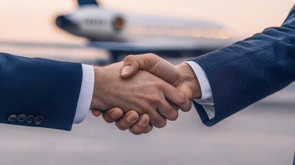 Two professionals shaking hands in an airport setting, emphasizing partnership and collaboration in the travel industry.