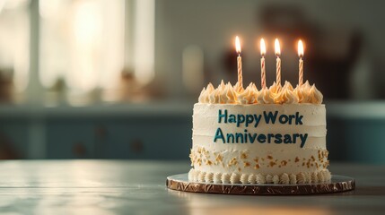 A decorated cake with candles celebrates a work anniversary, featuring the message "Happy Work Anniversary" in blue icing.
