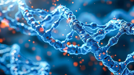 DNA molecule model close-up blue color background futuristic theme.