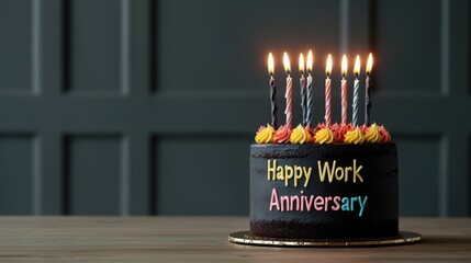 A festive work anniversary cake with colorful candles and vibrant icing, celebrating a special occasion.