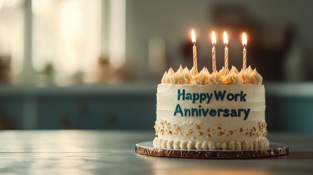 A decorated cake with candles celebrates a work anniversary, featuring the message "Happy Work Anniversary" in blue icing.