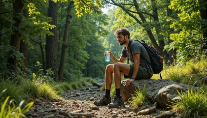 Exhausted hiker resting while drinking water in a lush green forest
