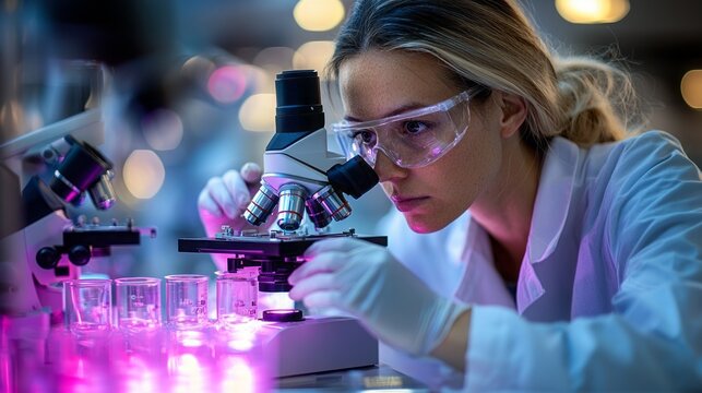 biochemical research scientist team working with microscope  - Powered by Adobe