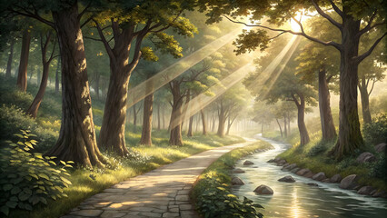 Fototapeta premium A serene forest path bathed in sunlight rays, offering a peaceful journey of faith and tranquility