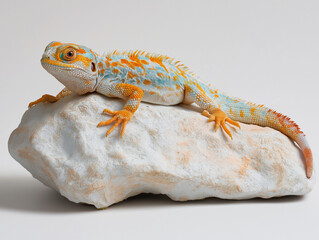 Obraz premium Faszinierender bunter Gecko ruht auf einem Stein mit detailreicher Textur.