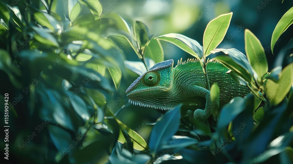 Poster close-up of a chameleon changing colors to blend into green foliage, with an open area for message p