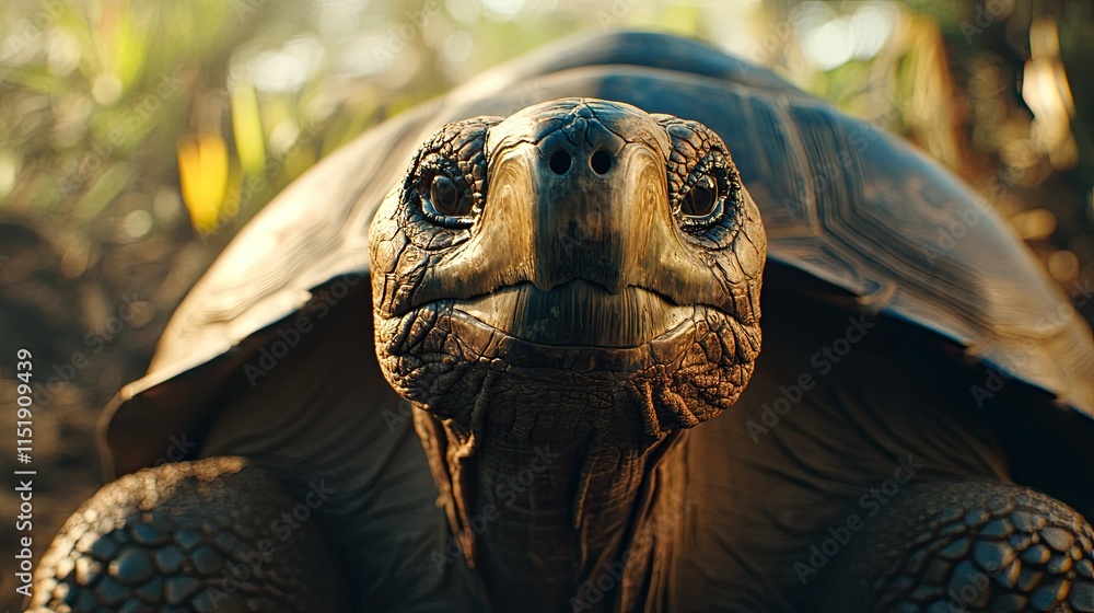 Poster close-up of a galapagos tortoise in its natural habitat, with a background designed for adding text 