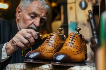 Skilled artisan polishing handcrafted brown leather shoes in a workshop
