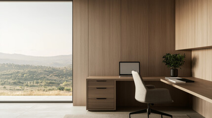 Fototapeta premium Minimalist home office design with natural light and scenic view
