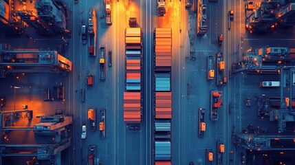 Aerial View of a Busy Container Port at Sunset