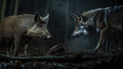 Fototapeta premium Wild Boar and Wolf Confrontation in Dark Forest