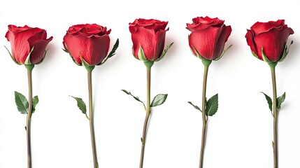 Obraz premium Collection of five red roses with detailed petals and stems, isolated for romantic and decorative purposes.