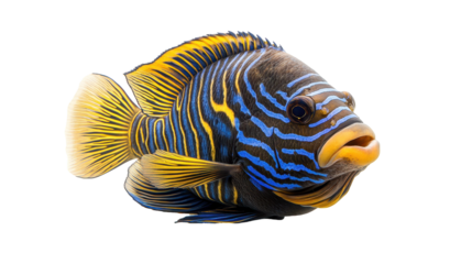 Vibrant fish with blue and yellow stripes transparent background