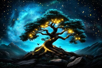 Fototapeta premium A magical tree glowing with golden light, its roots and branches intertwined with vibrant gemstones and fairy-like creatures symbolizing growth