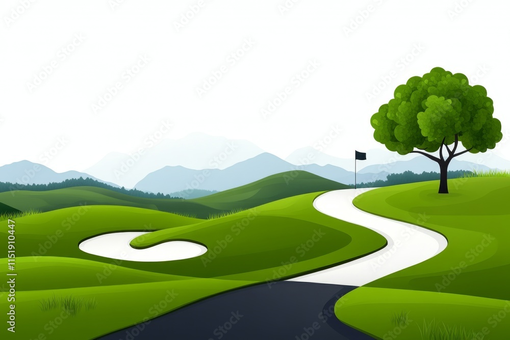 Poster a minimalist design of a golf course with clean, bold lines depicting a flag on a green and a windin