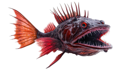 Vibrant red fish with sharp teeth and spikes. transparent background