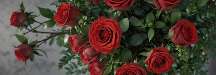 Naklejka premium A bouquet of red roses with greenery and berries, red roses in a vase, roses with berries