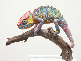 Obraz premium Faszinierendes Chamäleon mit lebendigen Farben auf grünen Blättern