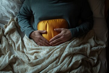 Man relaxing in bed holding a heating pad on his stomach to alleviate discomfort