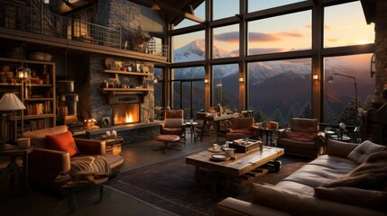 Mountain Cabin Sunset View: Cozy Living Room with Stunning Panoramic Windows