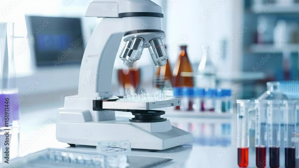 Poster microscope focus adjusting in modern laboratory with colorful test tubes and scientific instruments