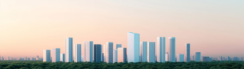 Fototapeta premium Modern skyline with urban development and greenery at sunset