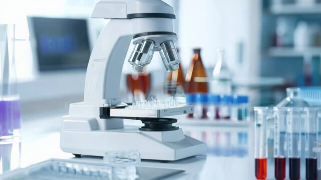 Microscope focus adjusting in modern laboratory with colorful test tubes and scientific instruments